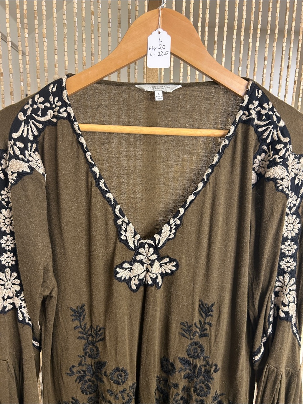 Lucky Brand Olive Green Long Sleeve Embroidered V-Neck top - Picture 5 of 8